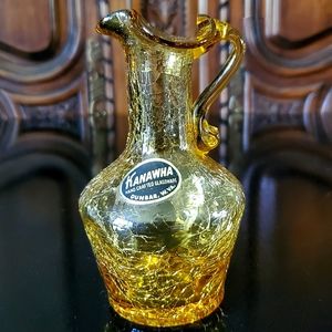 Vntg💛Kanawha💛 5" Golden Yellow Amber Crackle Glass Pitcher Bud Vase Eye Candy